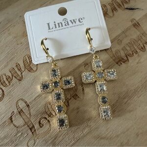 Linawe Gold Tone and Diamond Inspired Cross Earrings Beautiful